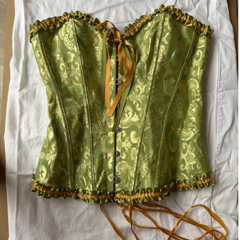 Green Brocade Corset Top Large Damask Pattern Lace Up Back Halloween